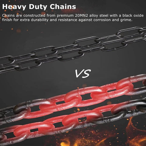 Comparison of black 20MN2 alloy steel chain vs red painted chain, highlighting Manual Chain Hoist 1 Ton Capacity With 10 Ft Lift And 2 Hooks