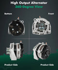 Beefed Up 220 Amp 12V Alternator Replacement, front and side views, fits Chevrolet Express Suburban Silverado 2500 HD GMC Sierra Savana