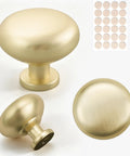 Straight Up Quality Brushed Gold Cabinet Knobs 6 Pack Solid Zinc Drawer Handles with smooth rounded design and screws.