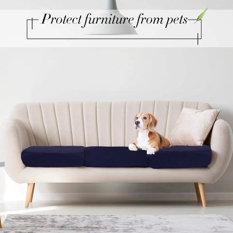 8 Pack Patio Cushion Covers Stretch Fit for Outdoor Cushions Navy Waterproof Soft Washable Slipcovers on beige sofa