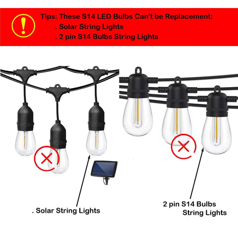 Image showing incompatible S14 string lights with 25 Pack Replacement LED Bulbs For S14 String Lights Shatterproof Waterproof 1 Watt Equivalent To 11 Watt Incandescent Warm White 2700K E26 Medium Base Non Dimmable