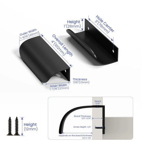Detailed dimensions of 20 Pack 3 Inch Black Cabinet Pulls for Cabinets Edge Pulls and Finger Pulls, thickness and hole spacing shown.