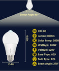 Motion Sensor LED A19 Bulbs With Dusk To Dawn, Soft White 3000K, 800 Lumens, 8.8W, 60W Equivalent, Indoor Outdoor No Brainer Lighting For Porch, Garage, Hallway, 2 Pack, A19 bulb specs
