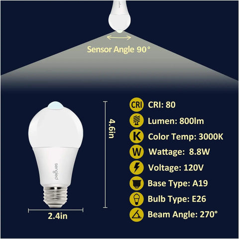 Motion Sensor LED A19 Bulbs With Dusk To Dawn, Soft White 3000K, 800 Lumens, 8.8W, 60W Equivalent, Indoor Outdoor No Brainer Lighting For Porch, Garage, Hallway, 2 Pack, A19 bulb specs