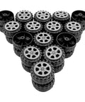 Plastic Toy Wheel Set for RC Cars and Robots, 30 Wheels with 15 Shafts, arranged in a pyramid shape, 42mm diameter view.
