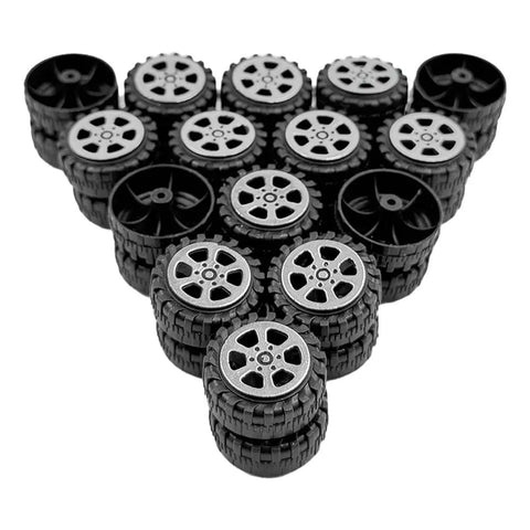 Plastic Toy Wheel Set for RC Cars and Robots, 30 Wheels with 15 Shafts, arranged in a pyramid shape, 42mm diameter view.