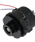 65 Amp SAE J1171 Marine Alternator Upgrade, black finish, showing pulleys and wiring connectors, angle view.