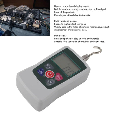 Digital Push Pull Force Tester 20N To 200N With Built In Sensor And Auto Backlit LCD Display For Quick Readouts, Storage Capable For Material Mechanics, Product Development And Quality Control, Rugged All Around Workhorse Force Meter, handheld with hook