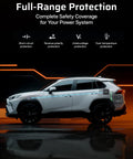 Solid Alternator Charger To Quickly Juice Up Your Portable Power Station With Six Times Faster Output And No Sweat Plug And Play Setup For Weekend Adventures And Long Drives, showcasing full-range protection features on a white SUV.
