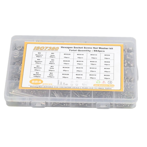 Over 884 Piece Stainless Steel Bolts Nuts Washers Wrench Set M2 M3 M4 M5 Durable Hardware Kit in plastic box