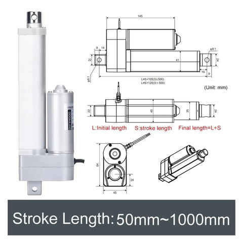 Pro Grade 2 Pack Linear Actuator Motor With Plug And Play Controller Dc 24V 800 mm Stroke 4000N Push Pull Force For Heavy Duty Smarthome Builds That Run Smooth As Butter, dimensions and stroke length details.