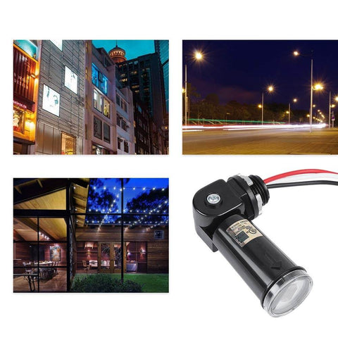 Automatic Dusk To Dawn Photoelectric Switch with outdoor light sensor next to images of illuminated city street and patio, for 120V fixtures.