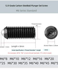 Image of M6 ball plunger screw specifications, 12.9 grade carbon steel, 8mm length for secure grip, suitable for fixtures.