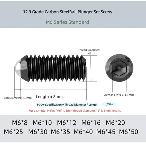 Image of M6 ball plunger screw specifications, 12.9 grade carbon steel, 8mm length for secure grip, suitable for fixtures.