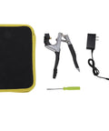 RitoEasysports Electric Badminton Racket Trumpet Plier Crimping Machine with tools and power adapter on black case.