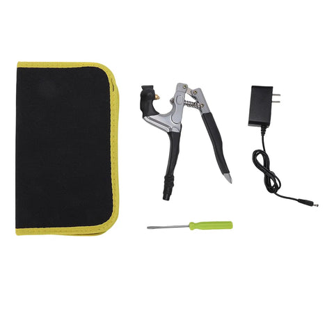 RitoEasysports Electric Badminton Racket Trumpet Plier Crimping Machine with tools and power adapter on black case.