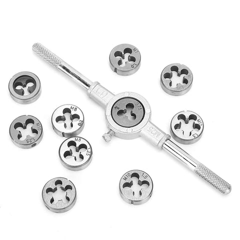 Premium 10 Piece Thread Tap And Die Set With Heat Treated 60 HRC Steel Cutters Perfect For Auto Repair And DIY Projects Includes 25mm Wrench To Restore Damaged Bolts And Create Smooth External Threads Effortlessly. M6-M12 dies with wrench on white background
