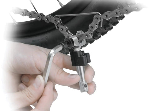 Pro 13 Speed Chain Tool For Campagnolo Hollow Pin Chains With Built In Chain Hook And Heavy Duty CrMo Steel Build in use on bike chain