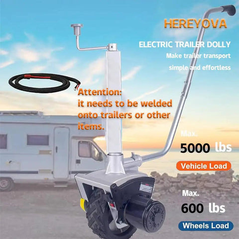 Heavy Duty Electric Trailer Dolly With 5000 Lbs Tow Capacity, Powerful 350W Motor Jockey Wheel with rubber tire and handle.