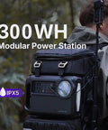 Lancer 300 Modular Waterproof Outdoor Camera Backpack with 300Wh Power Station on a person's back in outdoor setting.