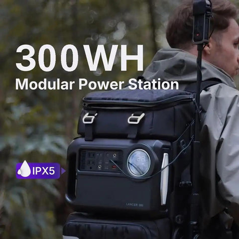 Lancer 300 Modular Waterproof Outdoor Camera Backpack with 300Wh Power Station on a person's back in outdoor setting.