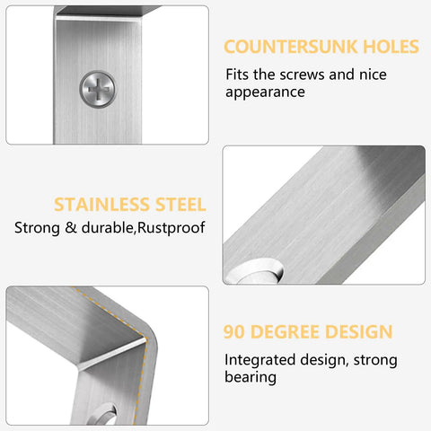 L Shaped Corner Bracket 5 By 2 Inches, Beefy Heavy Duty Stainless Steel, Rust Proof Matte Black Finish, product features and close-up view.