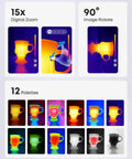 Dual Lens Android Thermal Camera With IR Eraser, 15x digital zoom, thermal view of cup with 12 palette options, image rotate.