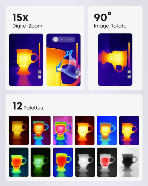 Dual Lens Android Thermal Camera With IR Eraser, 15x digital zoom, thermal view of cup with 12 palette options, image rotate.