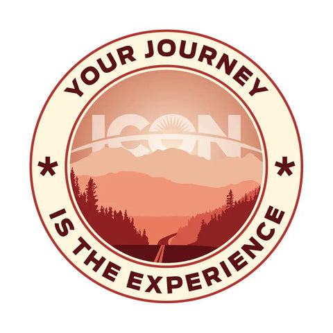 Round logo with sunset mountain landscape and text 'Your Journey is the Experience' in circular design.