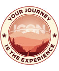 Circular badge with mountain and road graphic, text "Your Journey is the Experience" around the edge in red.