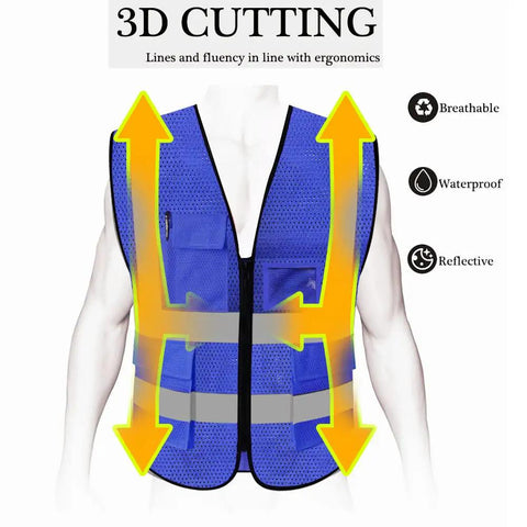 Straight Up Real Deal High Visibility Mesh Safety Vest With Reflective Strips Full Zipper Closure shown from front with ergonomic 3D cutting.