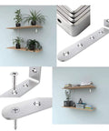 Super Sturdy Stainless Steel Shelf Brackets Rust Resistant Corner Support Panels stylishly mounted with shelves and plants.