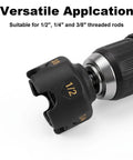 Heavy Duty All Thread Nut Runner And Bolt Extractor Tool with sizes for 1/4, 3/8, and 1/2 inch threaded rods shown.