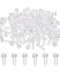 Top Shelf 80 Pcs Clear Acrylic Screws M4 X 12MM Phillips Round Head transparent bolts stacked and spread for DIY electronics.