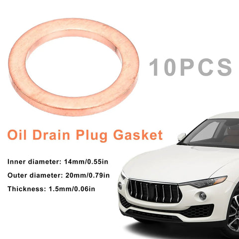 Oil Drain Plug Gasket Set 14mm Copper Crush Washers Replacement For Automotive Engines Leak Free Seal 10 Pack visible with car