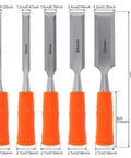 Real Deal Five Piece Wood Chisel Set With Heavy Duty Steel Hammer Ends And Smooth Ergonomic Grips, sizes 6mm to 32mm with orange handles.