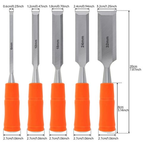 Real Deal Five Piece Wood Chisel Set With Heavy Duty Steel Hammer Ends And Smooth Ergonomic Grips, sizes 6mm to 32mm with orange handles.