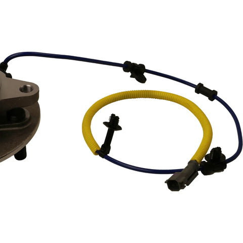 Built Tough Zero Hassle Installation Drop In Front Wheel Bearing And Hub Assembly For 2018 To 2020 Ford Expedition F150 Lincoln Navigator RWD close-up view with wiring.