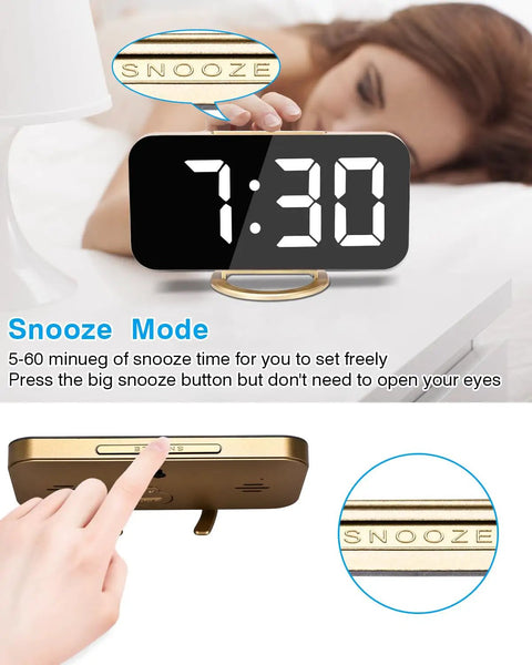 7 Inch LED Mirror Display Alarm Clock With Dual USB Ports, Auto Dim And Night Mode shown with snooze feature in use