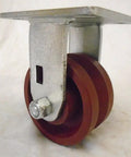Built Tough Heavy Duty Swivel And Rigid Caster Set Featuring 4 Inch By 2 Inch Ductile Steel Wheels Kingpinless Design side view of a burgundy caster.