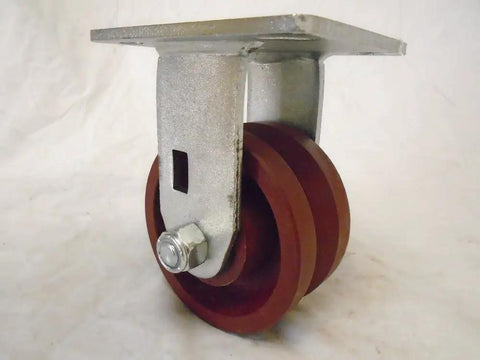 Built Tough Heavy Duty Swivel And Rigid Caster Set Featuring 4 Inch By 2 Inch Ductile Steel Wheels Kingpinless Design side view of a burgundy caster.