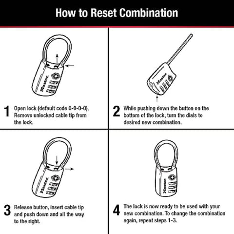 Diagram showing how to reset combination on Set Your Own Combo TSA Travel Lock For Luggage And Zippers, Rugged Padlock With Cable Shackle