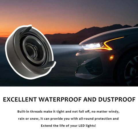 4 Pack Car Headlight Dust Caps Universal Rubber Sealing Covers For Headlight Protection All Weather Dust Covers Fit Most Cars Trucks SUVs Durable Tough Keeps LED Clean And Dry, close-up in use at dusk