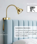 No Drill Headboard Reading Light With Dimmable LED, Gold Finish, on headboard demonstrating less than 1.6 inch gap fitting