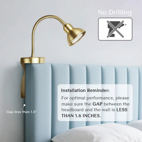 No Drill Headboard Reading Light With Dimmable LED, Gold Finish, on headboard demonstrating less than 1.6 inch gap fitting