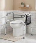 No Sweat Setup Heavy Duty Toilet Safety Rails And Medical Stand Assist For Seniors With Super Solid Bathroom Grab Bars And Totally Reliable Handrail Support Frame beside a white toilet.