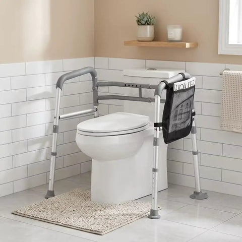 No Sweat Setup Heavy Duty Toilet Safety Rails And Medical Stand Assist For Seniors With Super Solid Bathroom Grab Bars And Totally Reliable Handrail Support Frame beside a white toilet.