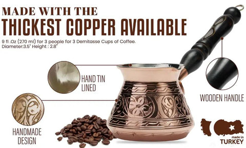 Thick Copper Turkish Coffee Pot Cezve Ibrik Briki With Wooden Handle And Hand Engraving Antique Copper Finish 9 Ounce Stovetop Coffee Maker For Gas And Electric Not Induction Handmade In Turkey