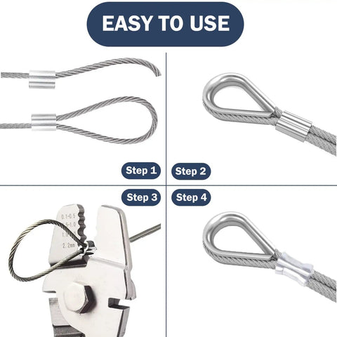 Heavy Duty Wire Rope Crimping Tool Kit With 100 Ft One Sixteenth Inch Stainless Steel Cable, loop sleeves, and pliers steps.