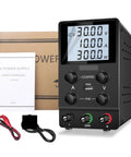 Adjustable DC Power Supply With USB And LCD Display, Regulated Variable Voltage 0 To 30V, 0 To 10A, shown with manual and cables